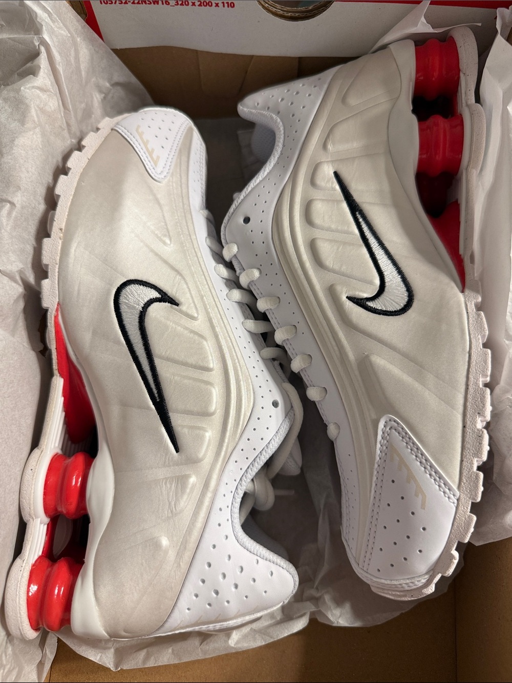 Nike White & Red Shox Sneakers with Black Swoosh